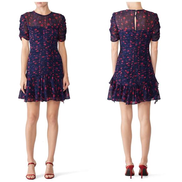 Tanya Taylor Falling Floral Carti Dress Size 10 Purple Silk Ruched Cocktail - Picture 2 of 12